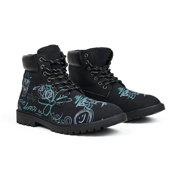 Reason Combat Boots Men’s 10.5 Black Graffiti Print Skull Flower Faux Suede main image 8